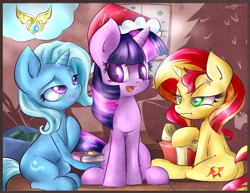Size: 4850x3750 | Tagged: safe, artist:kyodashiro, character:sunset shimmer, character:trixie, character:twilight sparkle, species:alicorn, species:pony, species:unicorn, ship:twixie, angry, atryl-ish, book, christmas, christmas tree, clothing, colored pupils, counterparts, cute, diatrixes, female, frown, glare, grin, hat, holiday, lesbian, magical trio, open mouth, present, santa hat, shimmerbetes, shipping, sitting, smiling, style emulation, tree, twiabetes, twilight's counterparts