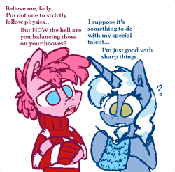 Size: 468x463 | Tagged: safe, artist:artflicker, character:pinkie pie, character:pokey pierce, oc:poppy pin, ship:pokeypie, bubble berry, clothing, dialogue, female, knitting, male, rule 63, straight, sweater