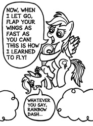 Size: 527x716 | Tagged: safe, artist:samueleallen, character:rainbow dash, character:scootaloo, species:pegasus, species:pony, flying lesson, impending scootabuse, monochrome, scootaloo can't fly, this will end in tears, this will end in tears and/or death