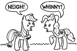 Size: 707x470 | Tagged: safe, artist:samueleallen, character:applejack, character:pinkie pie, species:earth pony, species:pony, dialogue, female, horse noises, horses doing horse things, lineart, mare, monochrome, neigh, open mouth, raised hoof, simple background, speech bubble, whinny, white background, wide eyes