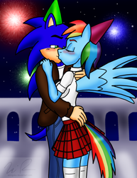 Size: 1268x1645 | Tagged: safe, artist:sonigoku, character:rainbow dash, character:sonic the hedgehog, species:anthro, species:pegasus, species:pony, balcony, blushing, clothing, commission, crossover, crossover shipping, female, fireworks, happy new year, hedgehog, interspecies, jacket, jeans, kissing, love, male, new years eve, night, schoolgirl, shipping, skirt, sonic the hedgehog (series), sonicdash, straight