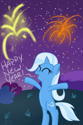 Size: 2000x3000 | Tagged: safe, artist:mikoruthehedgehog, character:trixie, species:pony, bipedal, eyes closed, female, fireworks, happy new year, night, solo