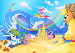 Size: 1052x744 | Tagged: safe, artist:dawnallies, character:applejack, character:fluttershy, character:pinkie pie, character:rainbow dash, character:rarity, character:spike, character:twilight sparkle, character:twilight sparkle (alicorn), species:alicorn, species:crab, species:pony, animal, beach, bikini, clothing, female, flying, hat, mane seven, mane six, mare, observer, ocean, one-piece swimsuit, sandcastle, surfing, swimsuit, trail
