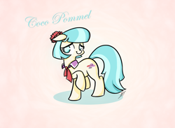 Size: 1502x1097 | Tagged: safe, artist:alskylark, character:coco pommel, species:earth pony, species:pony, episode:rarity takes manehattan, g4, my little pony: friendship is magic, :t, cute, female, floppy ears, looking at you, mare, neckerchief, raised hoof, shadow, shy, simple background, smiling, solo, standing, text, white background