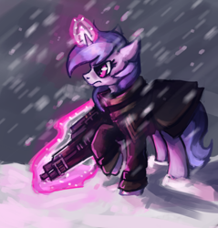 Size: 3810x3982 | Tagged: safe, artist:tracymod, character:sea swirl, clothing, commission, energy weapon, fallout, fallout: new vegas, female, gun, laser, laser rifle, levitation, rifle, robe, snow, snowfall, solo