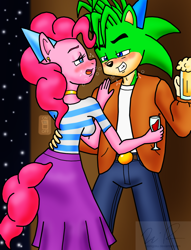 Size: 1268x1658 | Tagged: safe, artist:sonigoku, character:pinkie pie, species:anthro, alcohol, beer, blushing, commission, crossover, crossover shipping, drunk, drunkie pie, interspecies, manic the hedgehog, manicpie, shipping, sonic the hedgehog (series), sonic underground, wine