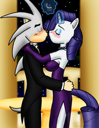 Size: 1224x1589 | Tagged: safe, artist:sonigoku, character:rarity, blushing, clothing, crossover shipping, dress, evening gloves, formal, gem, kissing, necklace, pearl, pearled necklace, silvarity, silver the hedgehog, sonic the hedgehog (series), tuxedo
