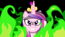 Size: 2732x1536 | Tagged: safe, artist:atmospark, character:queen chrysalis, species:alicorn, species:changeling, species:pony, episode:a canterlot wedding, g4, my little pony: friendship is magic, disguise, disguised changeling, evil, fake cadance, female, fire, looking at you, mare, solo, vector, wallpaper