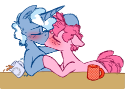 Size: 759x543 | Tagged: safe, artist:artflicker, character:pinkie pie, character:pokey pierce, ship:pokeypie, aperture science, blushing, bubble berry, coffee mug, gay, half r63 shipping, kissing, male, pokeyberry, portal, portal 2, rule 63, shipping, table