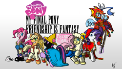 Size: 1920x1080 | Tagged: safe, artist:cynos-zilla, character:applejack, character:fluttershy, character:pinkie pie, character:rainbow dash, character:rarity, character:twilight sparkle, beastmaster, black mage, chainsaw, dragoon, final fantasy, machinist, mane six, mask, monk, parody, red mage, spear, sword, twilight scepter, wallpaper