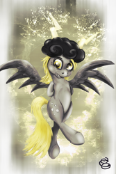 Size: 998x1498 | Tagged: safe, artist:miradge, character:derpy hooves, species:pony, bipedal, cloud, female, lightning, solo