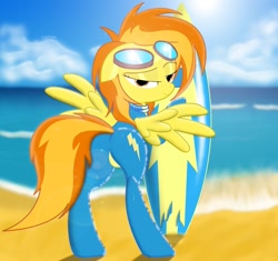 Size: 1417x1332 | Tagged: safe, artist:spitshy, character:spitfire, species:pegasus, species:pony, beach, bedroom eyes, female, goggles, latex, latex suit, looking back, mare, plot, rear view, solo, spread wings, stupid sexy spitfire, surfboard, wings, wonderbolts uniform