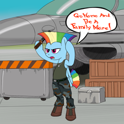 Size: 1280x1280 | Tagged: safe, artist:midnight-wizard, character:rainbow dash, species:pegasus, species:pony, aircraft, bipedal, boots, capcom, cosplay, female, guile, mare, military, military uniform, parody, shoes, solo, street fighter