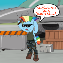 Size: 1280x1280 | Tagged: safe, artist:midnight-wizard, character:rainbow dash, species:pegasus, species:pony, aircraft, bipedal, boots, cosplay, female, guile, mare, military, military uniform, shoes, solo, street fighter, sunglasses