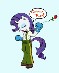 Size: 810x1000 | Tagged: safe, artist:midnight-wizard, character:rarity, species:pony, bipedal, boxing, boxing gloves, cosplay, crossdressing, dudley, solo, street fighter