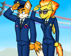 Size: 1614x1268 | Tagged: safe, artist:sonigoku, character:spitfire, species:anthro, species:fox, species:pegasus, species:pony, clothing, commission, crossover, dress uniform, jets, miles "tails" prower, military, military uniform, murica, salute, sonic the hedgehog (series), spittails, uniform, united states