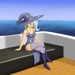 Size: 2000x2000 | Tagged: safe, artist:deilan12, character:trixie, species:human, g4, boat, boots, female, high res, humanized, sitting, solo, water