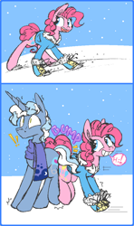 Size: 588x995 | Tagged: safe, artist:artflicker, character:pinkie pie, character:pokey pierce, ship:pokeypie, butt bump, butt to butt, butt touch, clothing, comic, female, male, scarf, shipping, sliding, snow, snowfall, straight, surprised, winter