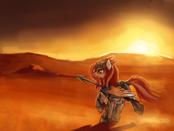 Size: 1600x1211 | Tagged: safe, artist:tracymod, oc, oc only, species:pegasus, species:pony, armor, commission, desert, solo, spear