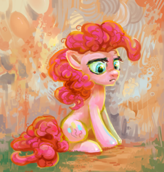 Size: 1683x1769 | Tagged: safe, artist:kaermter, character:pinkie pie, species:earth pony, species:pony, cute, diapinkes, ear fluff, female, frown, lidded eyes, looking down, mare, sad, sadorable, sitting, solo
