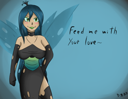 Size: 900x700 | Tagged: safe, artist:dinobirdofdoom, character:queen chrysalis, species:human, blushing, breasts, busty queen chrysalis, female, humanized, light skin, solo, valentine's day, valentine's day card