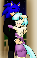 Size: 997x1557 | Tagged: safe, artist:sonigoku, character:coco pommel, species:anthro, clothing, commission, crossover, crossover shipping, dancing, dress, female, interspecies, male, shipping, sonic the hedgehog (series), sonicpommel, straight, suit, tuxedo