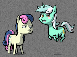 Size: 1100x810 | Tagged: safe, artist:dalapony, character:bon bon, character:lyra heartstrings, character:sweetie drops, species:earth pony, species:pony, species:unicorn, bon bon is not amused, duo, faec, irrational exuberance, pronking, style emulation, the legend of zelda, the legend of zelda: the wind waker