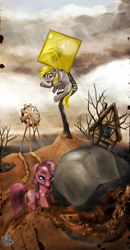 Size: 1760x3372 | Tagged: safe, artist:miradge, character:derpy hooves, character:pinkamena diane pie, character:pinkie pie, species:pegasus, species:pony, duo, female, mare, rock, rock farm