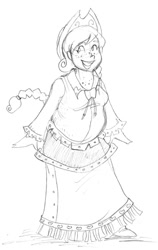 Size: 340x538 | Tagged: safe, artist:ssakurai, character:applejack, species:human, chubby, clothing, dress, female, freckles, gala dress, humanized, monochrome, pencil drawing, plump, solo, traditional art