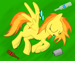 Size: 1680x1362 | Tagged: safe, artist:spitshy, character:spitfire, species:pegasus, species:pony, bottle, drunk, eyes closed, female, grass, solo