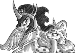 Size: 578x409 | Tagged: safe, artist:remains, character:king sombra, character:princess luna, ship:lumbra, female, male, monochrome, s1 luna, shipping, straight