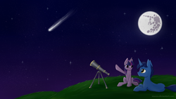 Size: 1920x1080 | Tagged: safe, artist:wolfypon, character:night light, character:twilight sparkle, species:pony, species:unicorn, duo, father and daughter, mare in the moon, meteor, moon, night, shooting star, stargazing, telescope