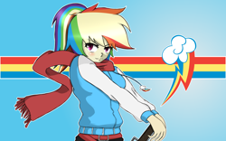 Size: 4000x2500 | Tagged: safe, artist:misterbrony, character:rainbow dash, species:human, clothing, cutie mark, female, humanized, light skin, scarf, solo, wallpaper
