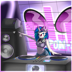 Size: 5000x5000 | Tagged: safe, artist:vicse, character:dj pon-3, character:octavia melody, character:vinyl scratch, species:anthro, species:pony, species:unicorn, absurd resolution, backlighting, belly button, clothing, female, headphones, midriff, nightclub, solo, sports bra, working