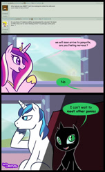 Size: 761x1251 | Tagged: safe, artist:mr-samson, character:princess cadance, character:shining armor, oc, oc:amora, parent:queen chrysalis, parent:shining armor, parents:shining chrysalis, species:changeling, comic, filly, hybrid, interspecies offspring, nymph, offspring, shadow, shadows