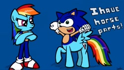 Size: 1190x672 | Tagged: safe, artist:sheandog, character:rainbow dash, character:sonic the hedgehog, species:centaur, crossed arms, crossover, dialogue, hybrid, open mouth, simple background, sonic the hedgehog (series), what has science done