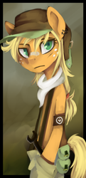Size: 1042x2158 | Tagged: safe, artist:facerenon, character:applejack, species:anthro, bandaid, bipedal, clothing, female, hat, portrait, solo, wrench