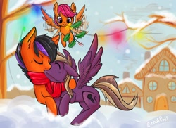 Size: 1280x931 | Tagged: safe, artist:renaifoxi, character:scootaloo, oc, species:pegasus, species:pony, clothing, female, kissing, male, oc x oc, scarf, shipping, snow, snowfall, spread wings, straight, wings