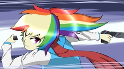 Size: 3872x2178 | Tagged: safe, artist:misterbrony, character:rainbow dash, species:human, female, gun, humanized, solo