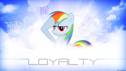 Size: 1920x1080 | Tagged: safe, artist:arroyopl, artist:romus91, character:rainbow dash, cloudsdale, female, lens flare, loyalty, rainbow dash salutes, salute, solo, vector, wallpaper