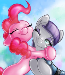Size: 2000x2301 | Tagged: safe, artist:kelisah, character:maud pie, character:pinkie pie, species:earth pony, species:pony, episode:maud pie, g4, my little pony: friendship is magic, clothing, cute, diapinkes, eyes closed, female, hug, mare, maudabetes, one eye closed, smiling, when she smiles