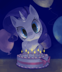 Size: 682x781 | Tagged: dead source, safe, artist:reuniclus, character:rarity, species:pony, species:unicorn, balloon, birthday, cake, candle, cute, female, looking at you, mare, raribetes, smiling, solo