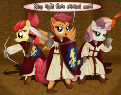 Size: 1280x1001 | Tagged: dead source, safe, artist:dcencia, character:apple bloom, character:scootaloo, character:sweetie belle, species:pegasus, species:pony, archer, christianity, cross, crusader, crusaders, crusaders relics, crusades, cutie mark crusaders, fantasy class, knight, knights of the nine, mage, oblivion, paladin, reference, religious headcanon, stop right there criminal scum, the elder scrolls, warrior