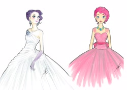Size: 2480x1751 | Tagged: safe, artist:ladyamaltea, artist:purpuraimperial, character:pinkie pie, character:rarity, clothing, dress, humanized