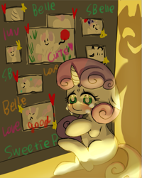 Size: 667x834 | Tagged: safe, artist:misocha, character:sweetie belle, crying, female, foalnapping, kidnapped, offscreen character, pixiv, sad, shadow, solo, stalker, stalker shrine
