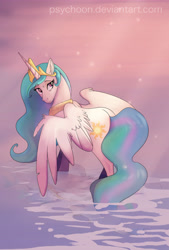 Size: 4744x7016 | Tagged: safe, artist:psychoon, character:princess celestia, absurd resolution, female, looking back, pinklestia, sad, solo, spread wings, water, wings