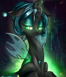 Size: 2600x3000 | Tagged: safe, artist:kyodashiro, character:queen chrysalis, species:changeling, alternate hairstyle, changeling queen, female, glow, short hair, sitting, solo
