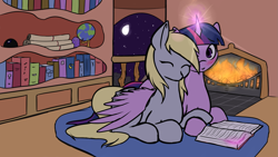 Size: 2249x1267 | Tagged: source needed, safe, artist:manicpanda, character:derpy hooves, character:twilight sparkle, character:twilight sparkle (alicorn), species:alicorn, species:pony, ship:twerpy, blushing, book, cuddling, female, fire, fireplace, globe, hug, lesbian, mare, night, shipping, snuggling, winghug