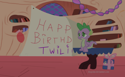 Size: 1920x1190 | Tagged: safe, artist:diegotan, character:spike, episode:sweet and elite, g4, my little pony: friendship is magic, male, present, sad, solo, spikeabuse