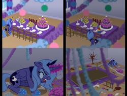 Size: 1333x1000 | Tagged: safe, artist:dalapony, character:princess luna, species:alicorn, species:pony, g4, alone, angry, bad end, birthday, birthday party, cake, candy cane, clothing, comic, cookie, crying, cute, eyes closed, feels, female, forgotten birthday, frown, happy birthday luna, happy birthday to me, hat, lonely, mare, open mouth, parody, party, party hat, s1 luna, sad, sandwich, sitting, soda, solo, star of the giants, table flip, tears of anger